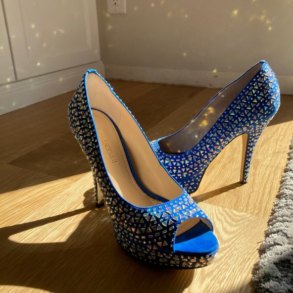 ENZO ANGIOLINI size 8 blue fun embellished platform peep toe heel - Picture 9 of 11